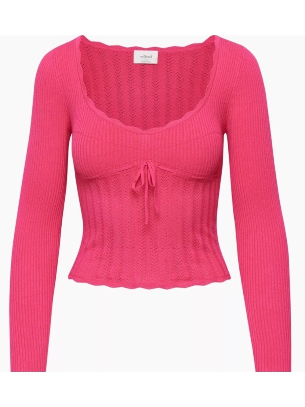 Wilfred Aritzia Pink Pointelle Bow Sweater Sweetheart Scalloped Coquette M